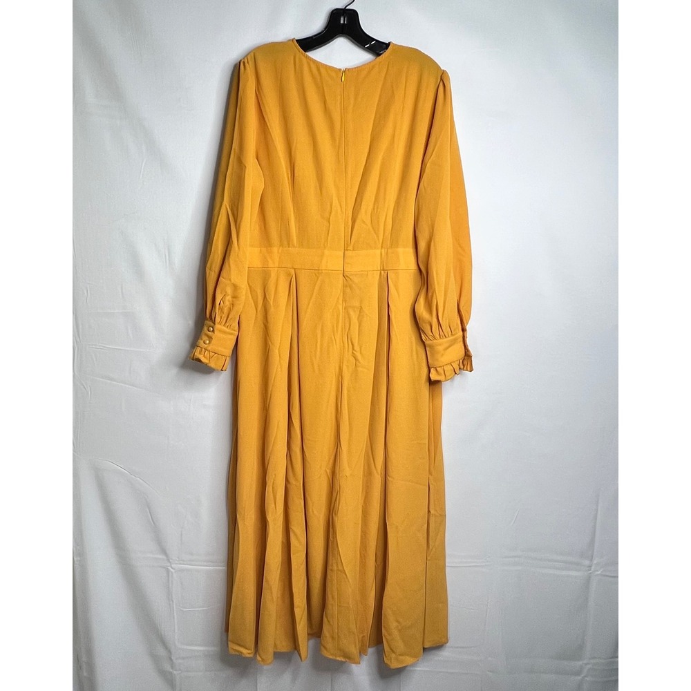 Mustard Yellow Pleated Midi‎ Dress Womens XL Marigold Ruffle Cuff Boho Peasant